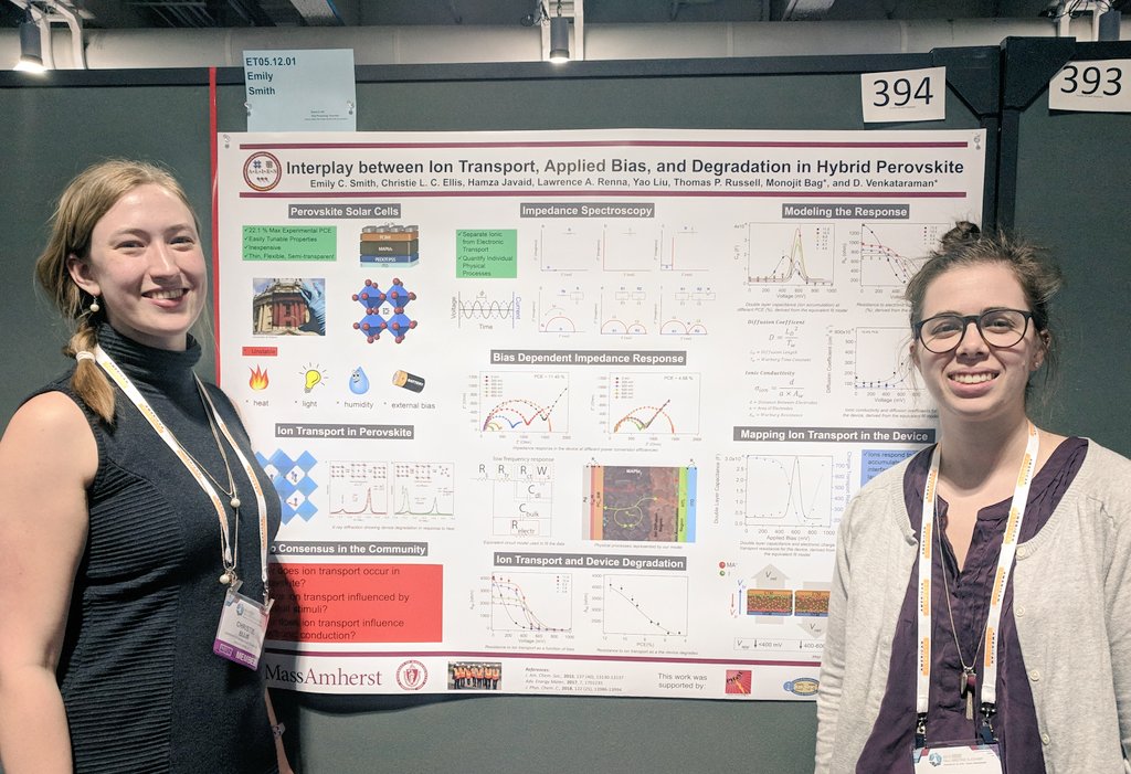 Thanks #f18mrs for talking with me and @emicsmith about @dvgroupumass work on hybrid perovskites! Great to connect with the community and get some fresh perspectives (and commiserate a little on the challenges of working with this crazy material!)