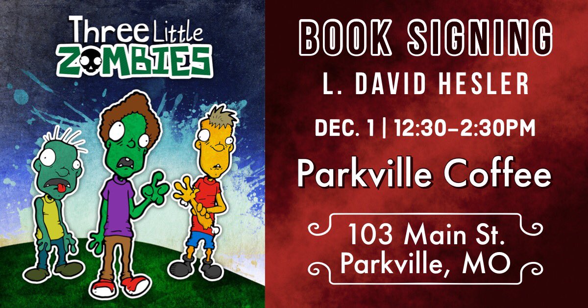 ZombiesThree's tweet photo. There’s going to be a small #zombie outbreak at @ParkvilleCoffee on Dec. 1... they love #caffeine! #NorthKansasCity #KCNorthland #kidsbooks https://t.co/KdNibdXlPZ