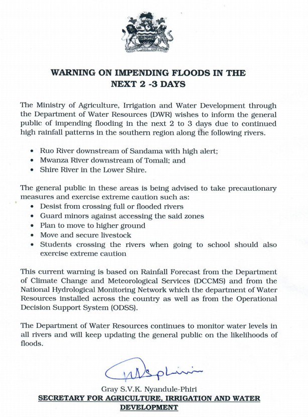 MalawiGovt's tweet photo. Government Warns of Impending #Floods @MwNewsAgency #Weather #BeOnTheWatch https://t.co/BEoVls8XTe