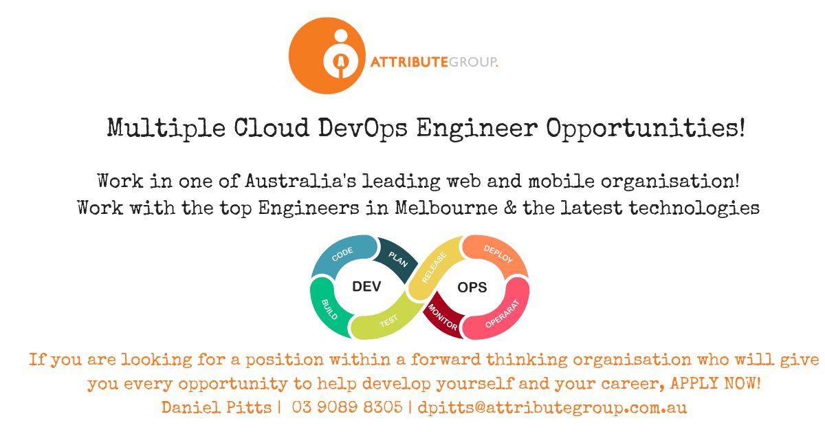 AttributeGroup's tweet photo. HOT JOB!! #DevOps Engineers- we need you! Amazing opportunity to work with a leading web and mobile organisation in #Melbourne! Apply here: https://t.co/sx0K7TKQzC #TechJobs #Engineers #Technology #JobSearch https://t.co/7K1f80dDwu