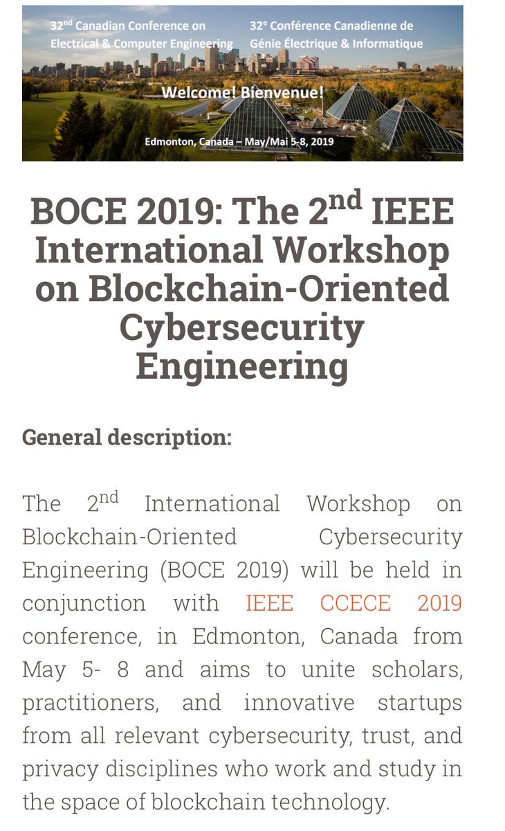 RaymondChooAu's tweet photo. #BOCE2019: The 2nd #IEEE International Workshop on #Blockchain-Oriented #CybersecurityEngineering, in conjunction with IEEE #CCECE 2019, https://t.co/zFlQU6PMAQ #CyberSecurity #Vulnerabilities #IoT #IIoT https://t.co/deQCuflchr