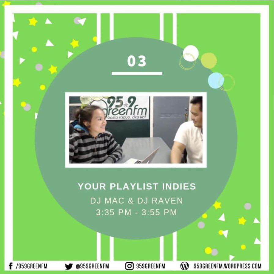 959GreenFM's tweet photo. ATM Your Playlist Indies with Mac and Raven of @959GreenFM LIVE ON AIR via @dzup1602 Mega Manila and Calabarzon, ONLINE via https://t.co/HPS3C7y2xp #PCRC2018 #959GreenFMLive #CollegeRadio https://t.co/TRBSldJ2zH