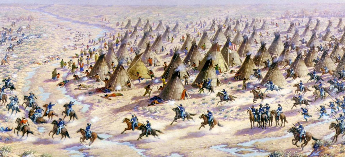 On this day in 1864, the US army massacred a peaceful village of Cheyenne & Arapaho Native Americans w/ canons, killing 150 ppl (mostly women, children & elderly men). They fired on villagers fleeing for their lives, then looted & set fire to the village. #SandCreekMassacre