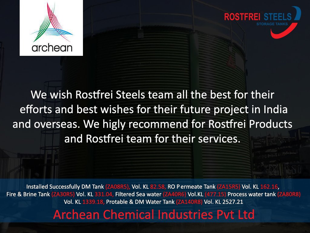 SteelRostfrei's tweet photo. Rostfrei Steels Pvt. Ltd. received another appreciation letter from Archean Chemical Industries Private Ltd for the successful installation of #LiquidStorageTank
Thank you for sharing the feedback.
#RostfreiSteel #IndustrialLiquidStorageTank #WaterRank https://t.co/Zfs5eKHupG