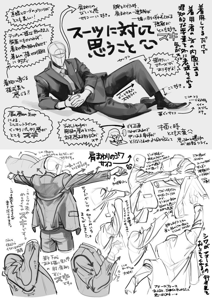 Satoh Fukurow 砂糖ふくろう 1 講義内容について しわを描きすぎてスーツがスーツじゃなくなる 写真通りに描いたのにスーツに見えない 上記は過去に私が経験してきた スーツを描く上 での悩み事です 私のスーツ絵を見ていて こう描きたい