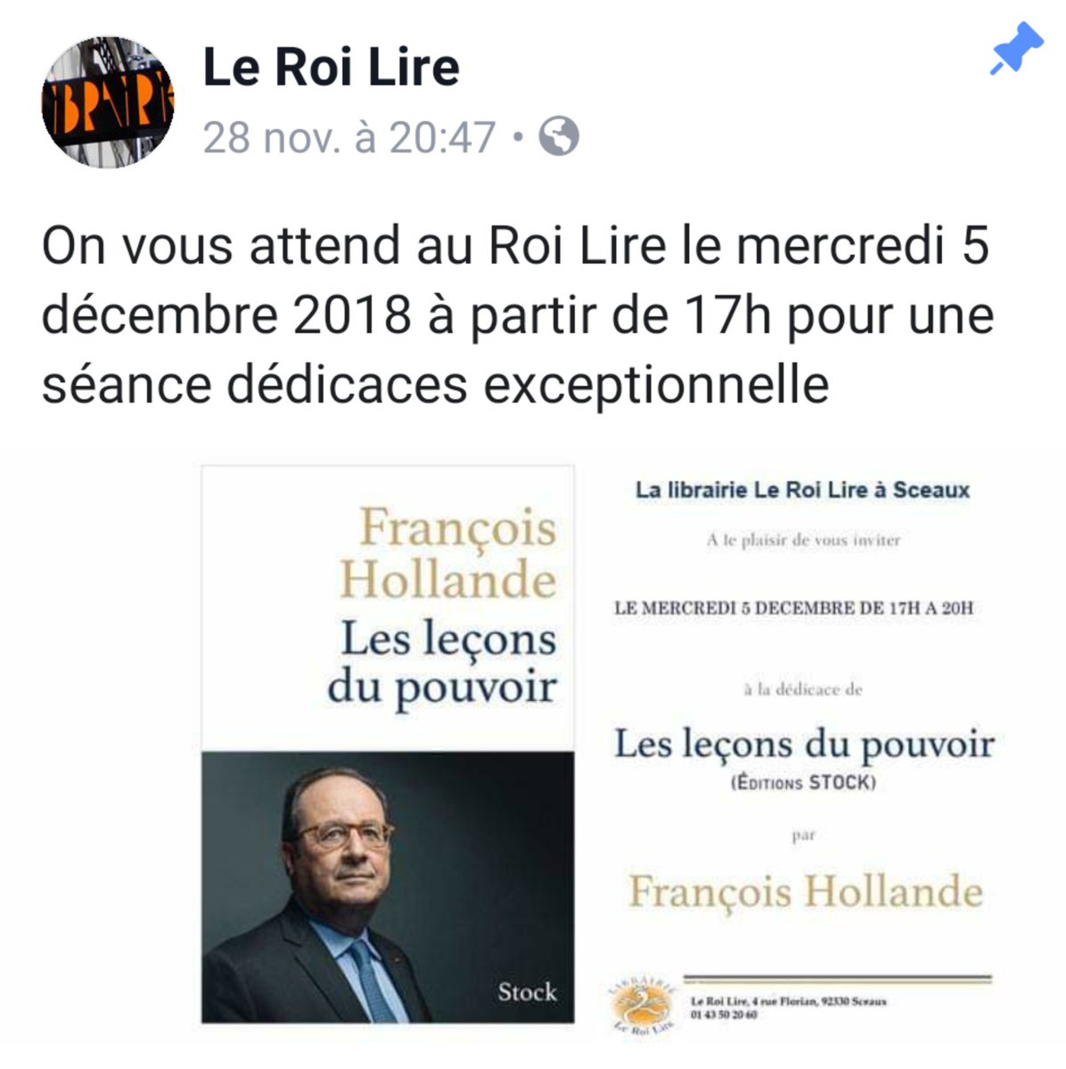 BeratPj's tweet photo. Le Roi Lire vous attend le mercredi 5 décembre 2018 à partir de 17h pour une séance dédicaces exceptionnelle avec François Hollande #LeRoiLire #dedicaces #Hollande https://t.co/iRvYkI0Ciy