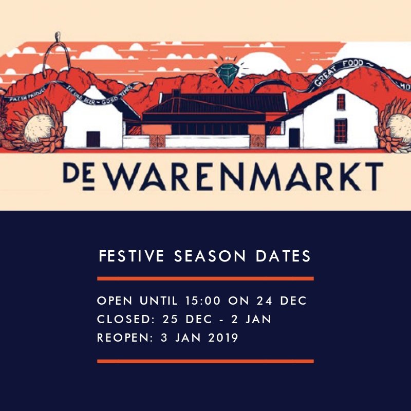 We look forward to welcoming you at #DeWarenmarkt this holiday season. We will, however, take a short break and give our staff the opportunity to spend the festive days with their families.

TAKE NOTE:
*Open until 15:00 on 24 Dec
*Closed: 25 Dec - 2 Jan
*Reopen: 3 Jan 2019