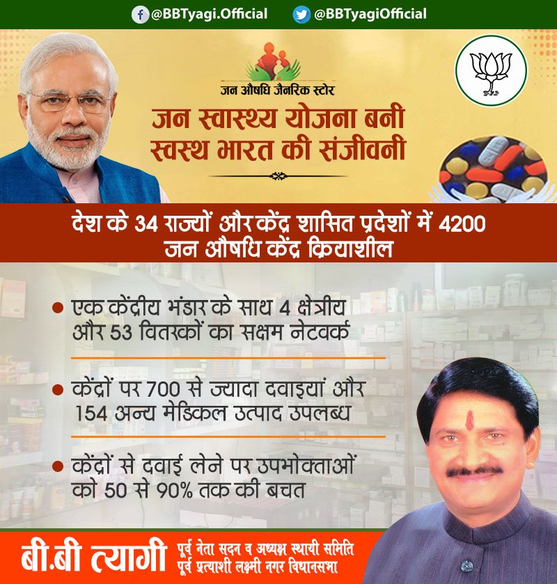 BBTyagiOfficial's tweet photo. जन स्वास्थ्य योजना बनी स्वस्थ भारत की संजीवनी |
देश के 34 राज्यों और केंद्र शासित प्रदेशों में 4200 जन औषधि केंद्र क्रियाशील |

#ModiYojna #NarendraModi #BBTyagiBJP #BJPDelhi @narendramodi @BJP4India @BJP4Delhi @ManojTiwariMP https://t.co/ccOjc4V3aU
