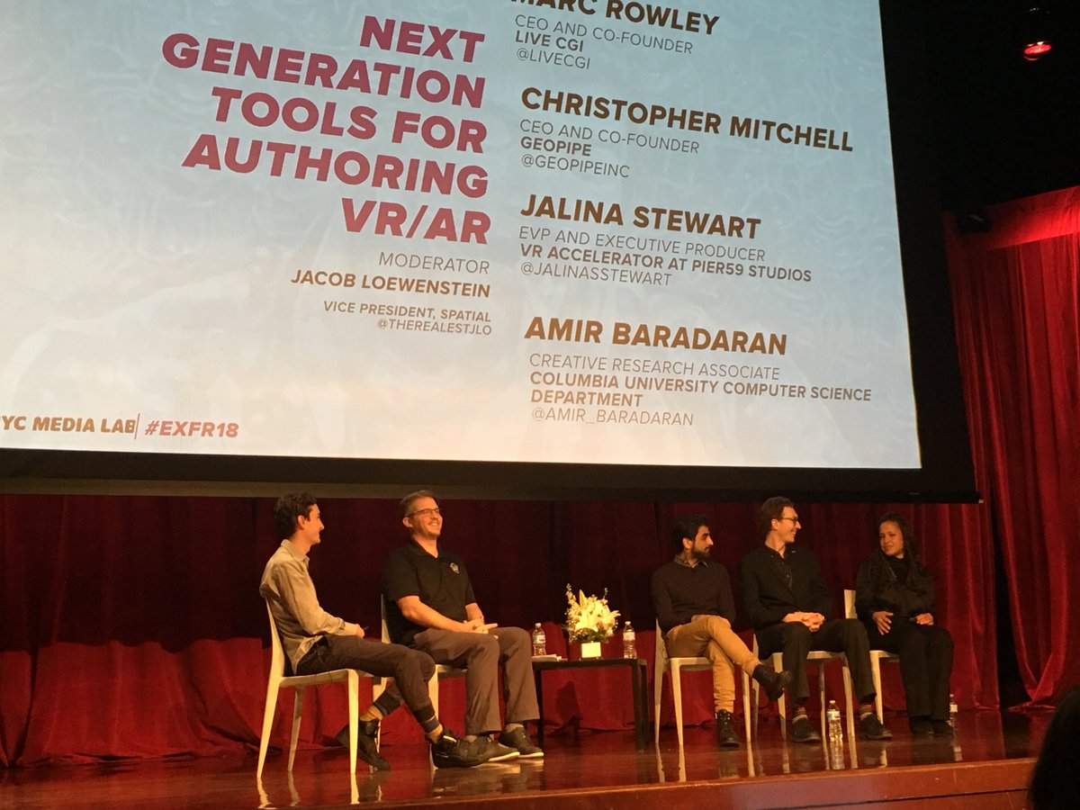MaryMitchellNJ's tweet photo. .@therealestjlo's panel talked Next-Gen VR/AR authoring tools that enable collective computing among people in 2D/3D space. Build from user stories. Let them have authentic, engaging experiences without data transfer delay regardless of device. #ExFR18 @nycmedialab https://t.co/Xgwk067UEU
