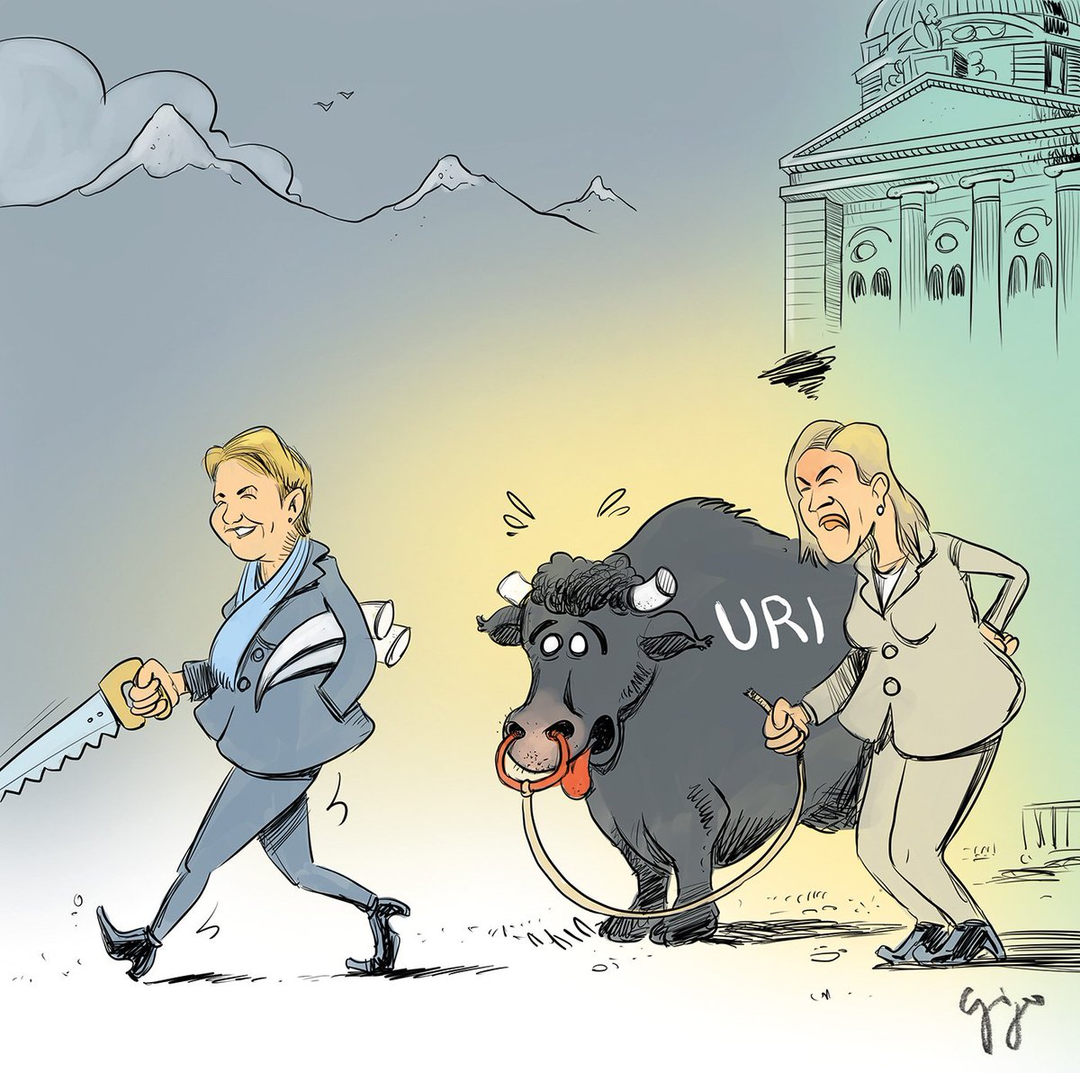 Kann sich <a href="/Violapamherd/">Viola Amherd</a> gegen die Urnerin #Zgraggen durchsetzen? #Cartoon #WalliserBote #brw18 #Bundesrat #Amherd #Wallis #Uri #Hornkuh #Gigal