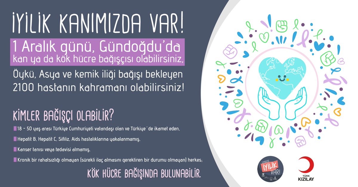 Kahraman olmak ister misin❓

Öykü, Asya ve kemik iliği bağışı bekleyen 2100 hastanın kahramanı olabilirsin. Çünkü iyilik kanımızda var❗

1 Aralık günü, Gündoğdu'da kan ya da kök hücre bağışçısı olmak için tüm #İzmir'i İzmirde İyilik Var'a davet ediyoruz. #izmirdeiyilikvar