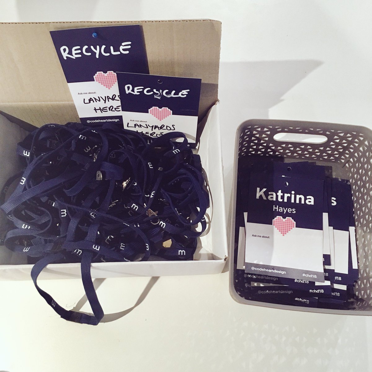 katshaze's tweet photo. Awesome swag, talks and vibe @CodeHeartDesign today. And to top it off, a spot to recycle your lanyard as you walk out the door. 😍 #CHD18 https://t.co/ZZDOhYZKyk
