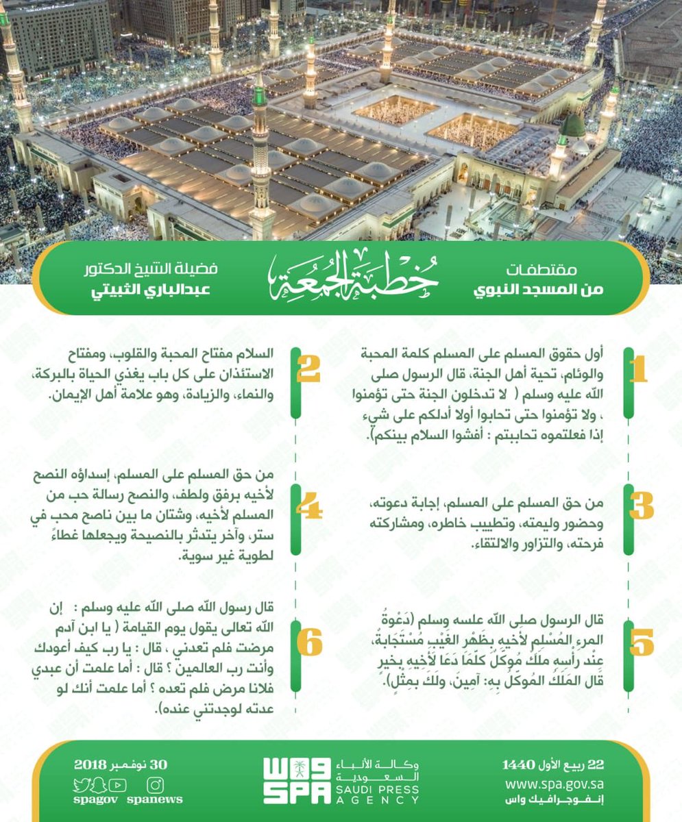 spagov's tweet photo. قال رسول الله صلى الله عليه وسلم :   إن الله تعالى يقول يوم القيامة ( يا ابن آدم مرضت فلم تعدني ، قال : يا رب كيف أعودك وأنت رب العالمين ؟ قال : أما علمت أن عبدي فلانا مرض فلم تعده ؟ أما علمت أنك لو عدته لوجدتني عنده).
#واس https://t.co/UElaaozIJx