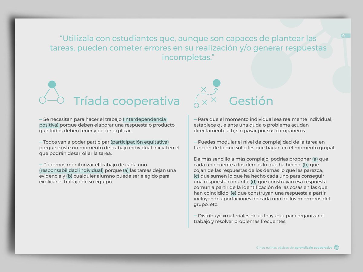 ¿Sospechas de que algunos de tus alumnos pueden cometer errores a la hora de realizar las tareas? La rutina de #AprendizajeCooperativo «Uno, dos y/o cuatro» puede serte muy útil.  
+ info:  colectivocinetica.es/biblioteca/