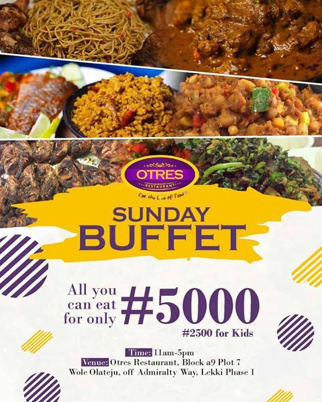 OtresRestaurant's tweet photo. Sunday’s just got more exciting 💃🏽💃🏽. Where would you rather be? Our special Sunday Buffet holds on Sunday (2nd December, 2018) with a number of varieties to choose from for just N5000 for adults and N2500 for Kids!!!! Time is 11am - 5pm. Terms and condi… https://t.co/JjprHaW0rs https://t.co/48R9J0INus