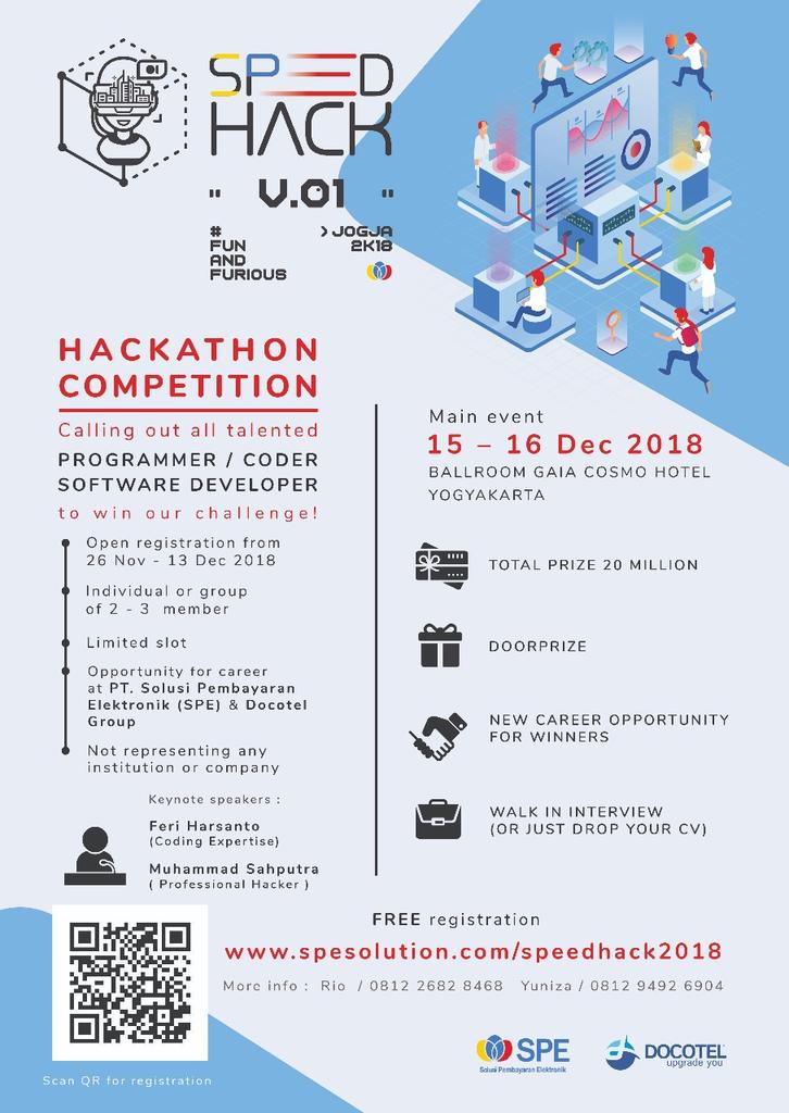 Jogja24Jam's tweet photo. CALLING OUT TO ALL TALENTED SOFTWARE DEVELOPER
We welcome you to our wildest event ever in this year of 2018
SPEEDHACK vol. 1 Yogyakarta #speedhack2018 #funandfurios #programmer #it #coder #software #hackathon #competition #careers #artificialintelligence #computerscience https://t.co/DvzmsjRCzu