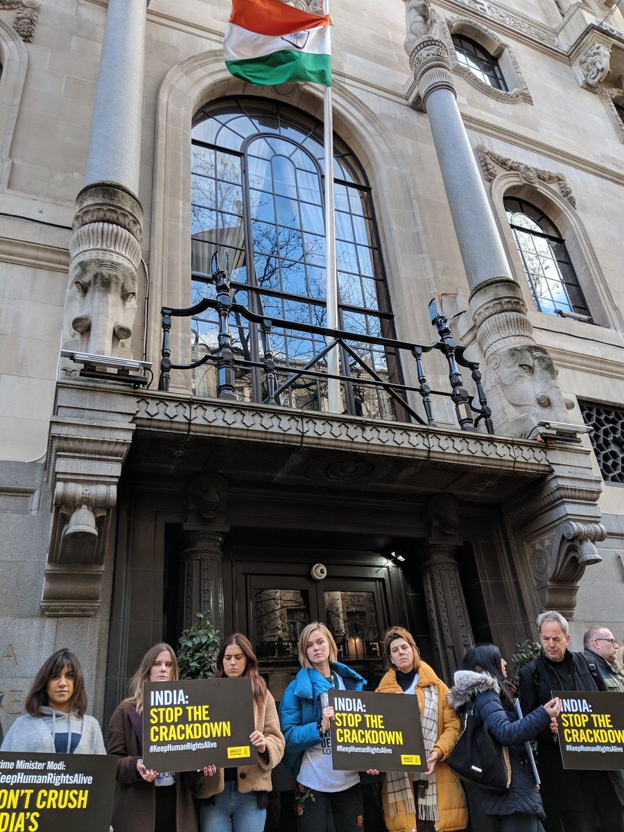 AmnestyUK's tweet photo. We're outside @HCI_London to demand @narendramodi stops the intimidation and harassment of @AIIndia. Send him an instant email here 👉 https://t.co/H6TpXmjOZB #AmnestyIndia https://t.co/4VzQZcTTZX