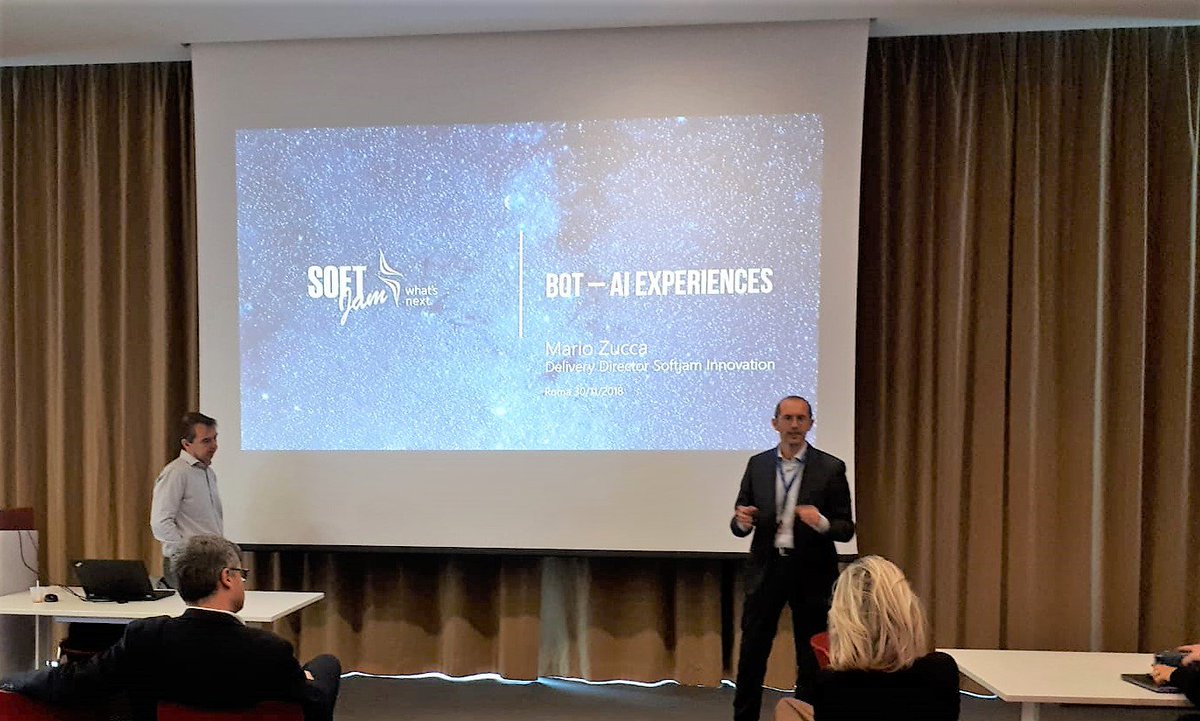 softjamIT's tweet photo. Mario Zucca, Delivery Director della Divisione Sviluppo di @softjamIT , parla di #ConversationPlatform e #PersonalDigitalAssistance illustrando casi di #AI su cui stiamo lavorando, durante l'evento evento #BOT #AI Experiences, dedicato al #MicrosoftTeams Roma.
#whatsnext #BOT #AI https://t.co/hT5P8Jr7ID