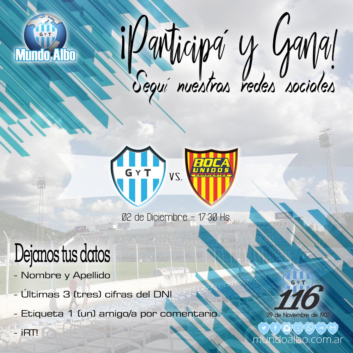 mundoalbook's tweet photo. #SorteoMundoAlbo // El Albo necesita más que nunca de nuestro apoyo, y para ello, te regalamos 2 (dos) entradas para que vayas a alentar al Albo este domingo ante @ClubBocaUnidos en el Gigante.
👉 ¡PARTICIPÁ Y GANÁ!
#VamosLosAlbos💪 https://t.co/6rjWhHCQ6j
