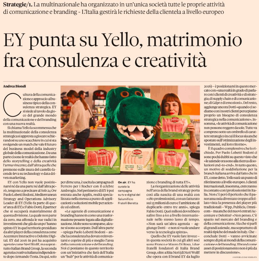 EY_Italy's tweet photo. Matrimonio fra consulenza e creatività. Nasce #EY #YELLO, la nostra nuova creatura per rispondere alla domanda crescente di #competenze integrate di #comunicazione, #brand, #digitale e #customerexperience https://t.co/zTkuDQDqdO