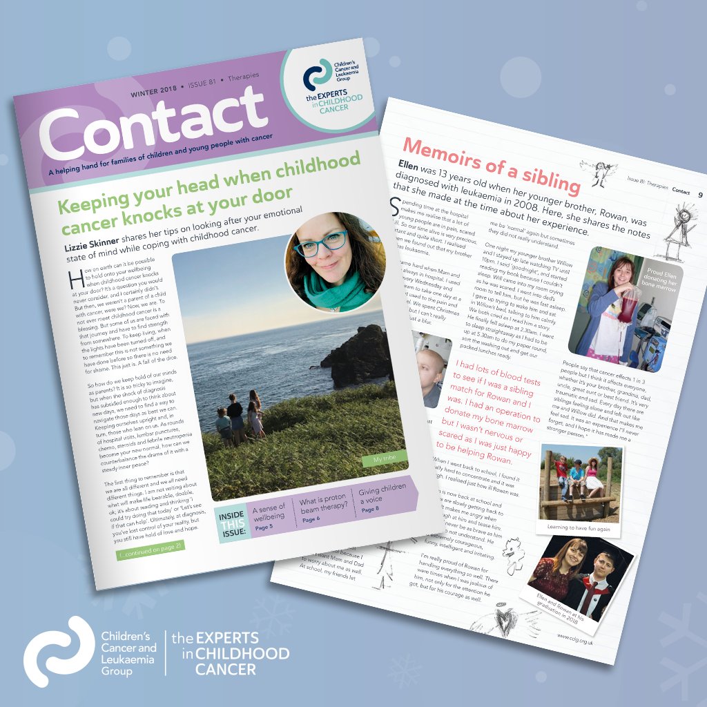 The latest issue of #ContactMagazine is out now! Read personal stories about the impact of childhood cancer on parents and siblings, as well as advice and tips for parents on emotional wellbeing. Download the latest issue at  cclg.org.uk/contact-magazi…
