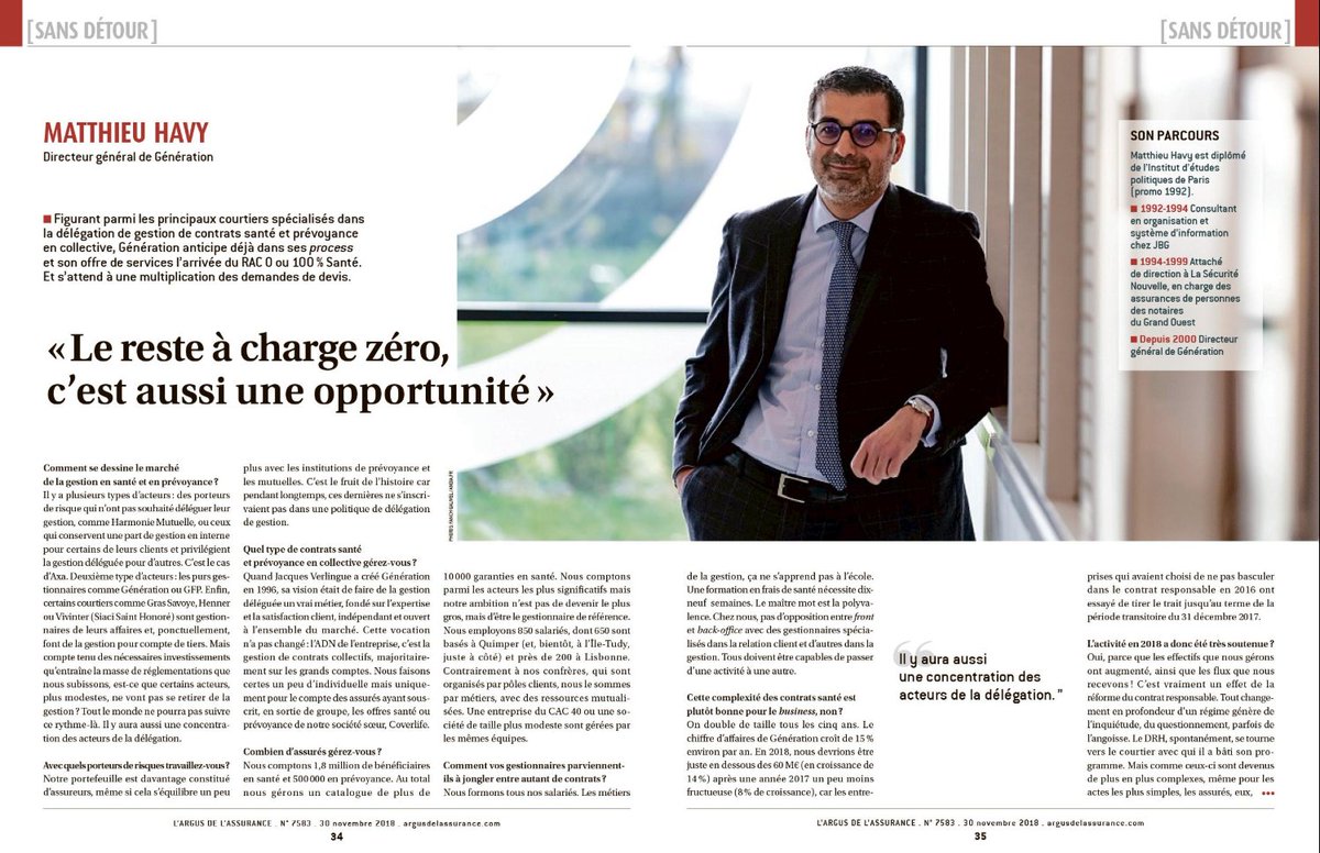EricSteunou's tweet photo. Interview sans détour de Matthieu HAVY, directeur général de Génération dans le dernier numéro de L'Argus de l'assurance @argusassurance @obaccuzat https://t.co/1C5PQX2A4i