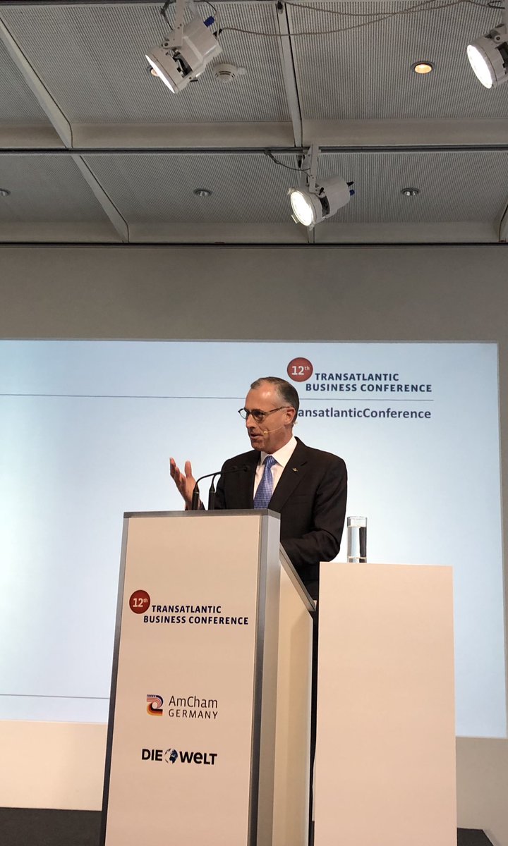 EMetzen's tweet photo. „If we weaken trade, we weaken our ability to solve global problems together. Trade is an engine for shared growth, shared prosperity and shared success“ Dow CEO James R. Fitterling is giving an inspiring and encouraging speech at #AmChamGermany  #TransatlanticConference today. https://t.co/HHTWtg6PU3