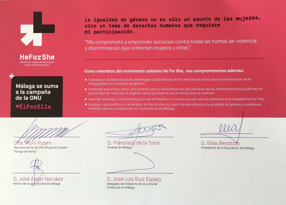 HeforSheMalaga's tweet photo. Adherirse a la Campaña @HeForShe requiere de compromisos concretos y públicos. Como los compromisos con la #igualdad y contra las #violenciasmachistas que expresaron @diputacionMLG, @malaga, @InfoUMA y @MalagaJunta en su adhesión en noviembre de 2016 ante @ONUMujeres https://t.co/BPD43HTrCa