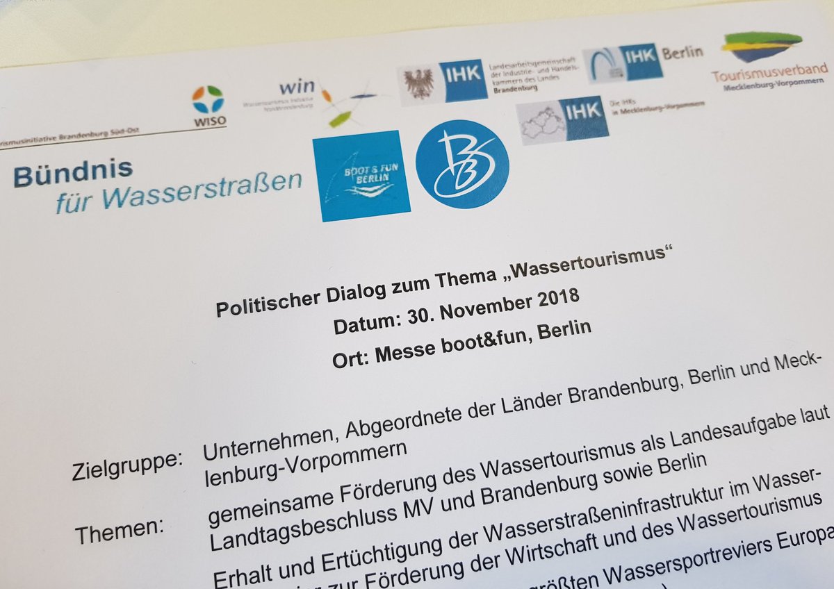 Politischer Dialog zum Thema Wassertourismus - das Bündnis für Wasserstraßen lädt auf die Messe Boot&Fun.