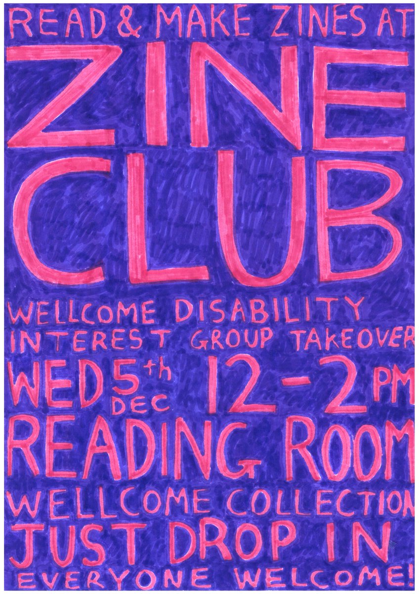 nic_o_la's tweet photo. Hey Zine Club’ers, it’s been a while! Sadly I won’t be at the next ZINE CLUB but the usual amazing zine team El, @LoesjaVigour & @robertbidder will be 🖤 It’s a @wellcometrust Disability Interest Group takeover so hope you can drop in over lunch on Wed 5th December #makezines https://t.co/aAUrQ1FQgB