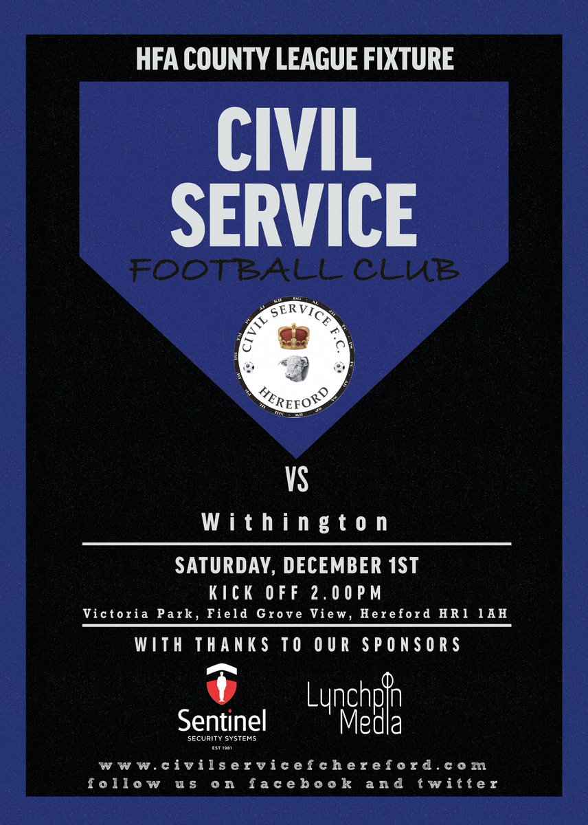 Matchday tomorrow, following last week's late equaliser v Weobley, The Servicemen are at home in the return fixture vs Withington in the HFA County League. Come down to Victoria Park and give us your support goo.gl/maps/SKMPYKKYu… … … This is an earlier 2.00pm Kick Off.