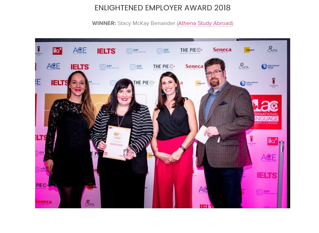 The 'Enlightened Employer Award' goes to.... 🤩 Stacy McKay Benander🤩 from Athena Study Abroad!

'I nominate Stacy for her outstanding leadership and tireless efforts in addressing and raising awareness about international education and diversity issues.'

🤗🤗Well done!