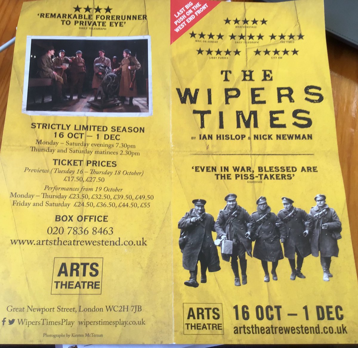 iandbennett's tweet photo. Bit late to this -and there’s only 3 shows left- but if you can grab a ticket well worth it. Hislop satire at its best - poignant and true story of how men laughed in the face of hell @ArtsTheatreLDN @WipersTimesPlay https://t.co/EVi8MbeKee