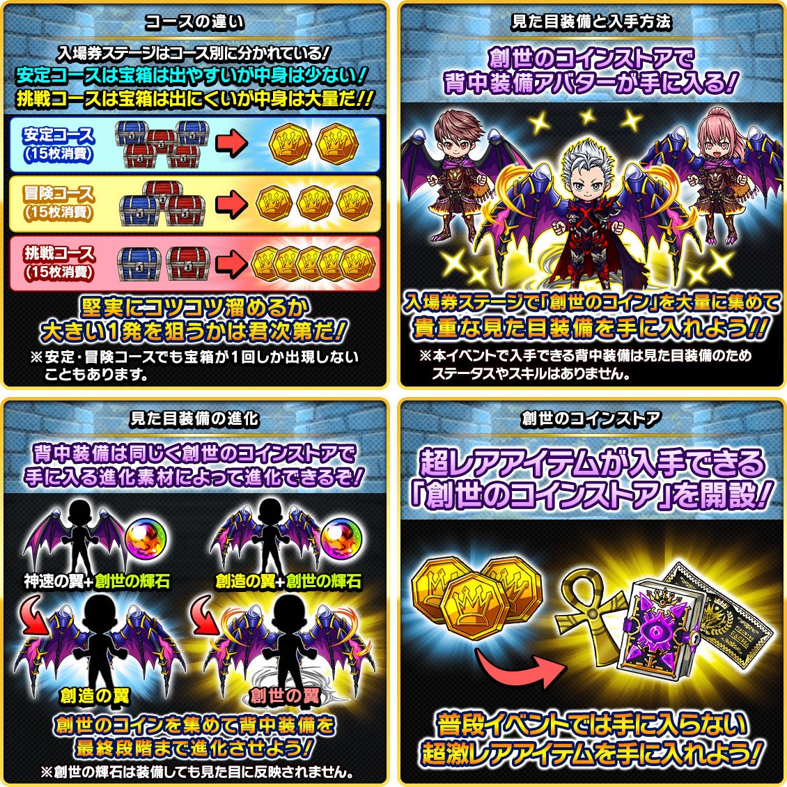 週間イベント『創世の翼』開催中】 ▽遊び方を説明画像でご紹介 ・コースの違い ・見た目装備と入手方法 ・見た目装備の進化 ・手に入れた「創世のコイン」はどうする？特別ストアでレアアイテムと交換！  まずはイベントページで「翼の羅針盤」を受け取ってくださいね ...