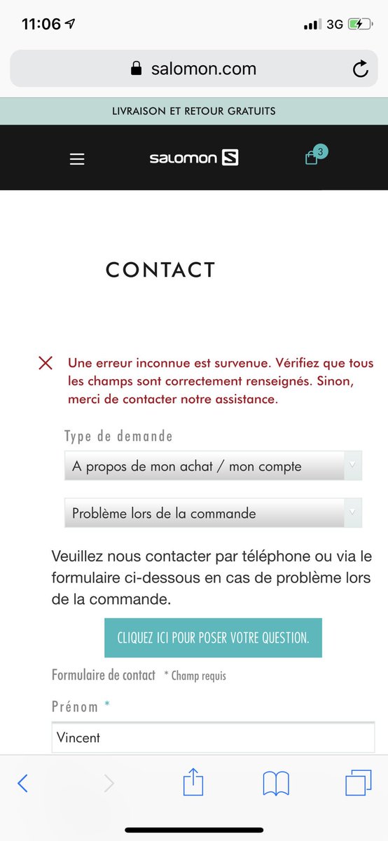 vincentlemonde's tweet photo. @SalomonRunning je déprime. Impossible de finaliser ma commande depuis vendredi dernier et impossible vous envoyer un message de contact. Aucun numéro de téléphone accessible ! Help https://t.co/FPIoUrT8wh