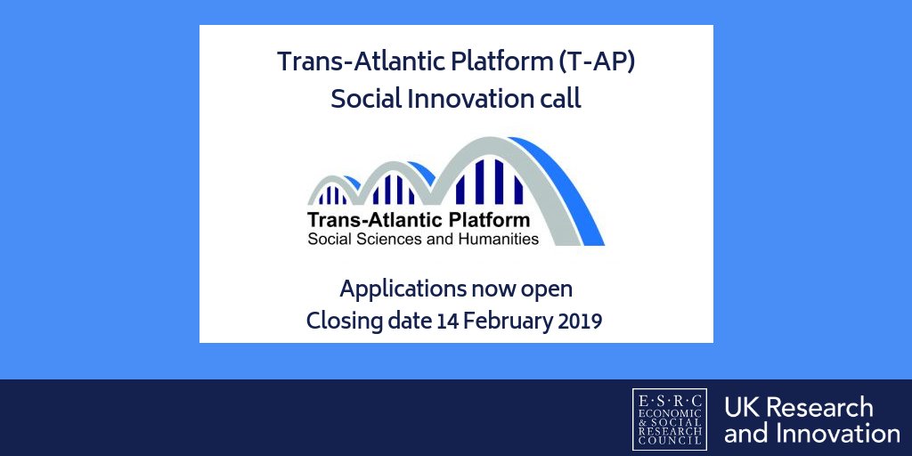 ESRC's tweet image. Funding alert - the Trans-Atlantic Platform (T-AP) has a call in social innovation. Apply by 14 February - bit.ly/2zhMArx #esrcfunding