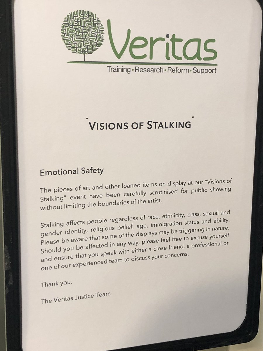 Brilliant support last night for <a href="/VeritasSussex/">Veritas Justice</a> ‘Visions of Stalking’ art exhibition. Poignant artwork on display &amp; sobering experience to meet survivors and, tragically, family members, who’ve had loved ones killed by a stalker #StandUpToStalking #StalkingMatters <a href="/live_life_safe/">Suzy Lamplugh Trust</a>