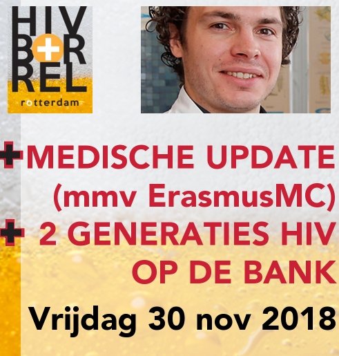 Vanavond organiseren we een "Medische Update" voor mensen met hiv. Samen met Dr. Casper Rokx van <a href="/ErasmusMC/">Erasmus MC</a> en het team van HivBorrelRotterdam.nl (<- zie tijd en plaats).  #WereldAidsDag #stopHIVstigma