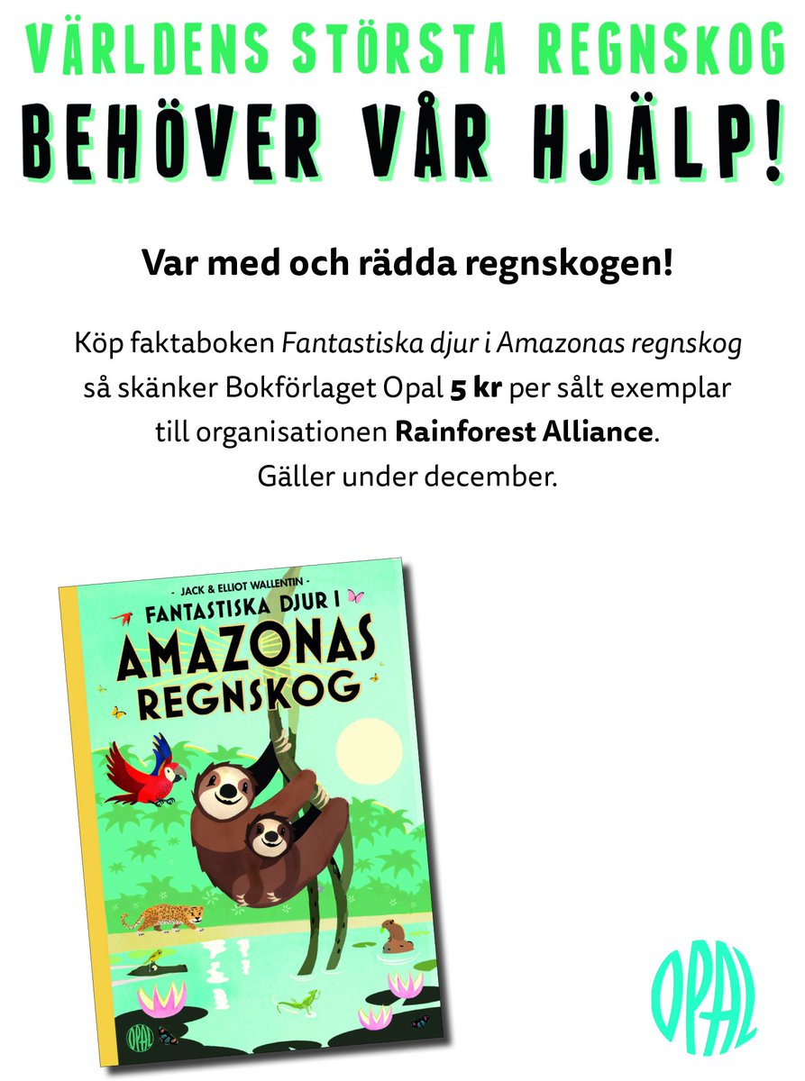 Var med och rädda regnskogen! 5 kr per såld bok av "Fantastiska djur i Amazonas regnskog" går till Rainforest Alliance under december. Världens största regnskog behöver vår hjälp. #stoppaskövlingen #räddaregnskogen #amazonas #rainforestalliance #julklappstips #faktabok