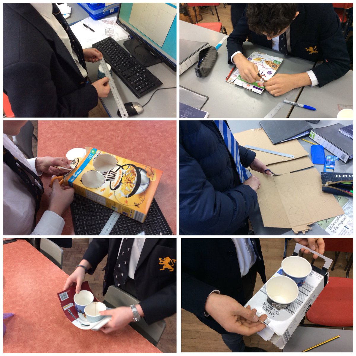 TeaAndTools's tweet photo. Quick fire #iterative idea modelling with Year 10 on their coffee cup holder design challenge using #repurposed papers and boards packaging. They’re applying lots of their @Edexcel D&T core content here and having lots of fun! #thinkinganddoing https://t.co/7TOCEXwaEm