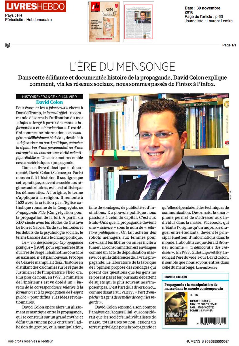 Colon_David's tweet photo. Avant-critique de #Propagande dans #LivresHebdo ce matin. Parution le 9 janvier aux @editions_belin #Humensis https://t.co/bzUXWUfhie