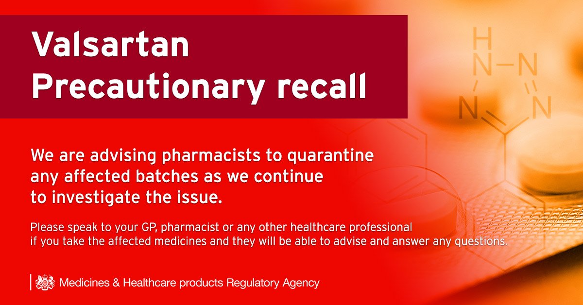 MHRAgovuk's tweet image. This morning we are undertaking a pharmacy level recall of all affected batches of valsartan containing medicines made by Mylan and Teva as a precautionary measure.

More info: bit.ly/2zydv2t 

#ThinkPatientSafety

#Valsartan