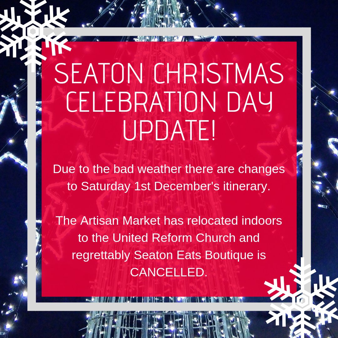 Don't forget Christmas is coming to Seaton tomorrow! 🎄

Please note due to the bad weather we have had to move the Artisan Market indoors, and regrettably Seaton Eats Boutique has been CANCELLED.

See the full itinerary of the day here: bit.ly/2FMuBz5

#ChristmasSeaton