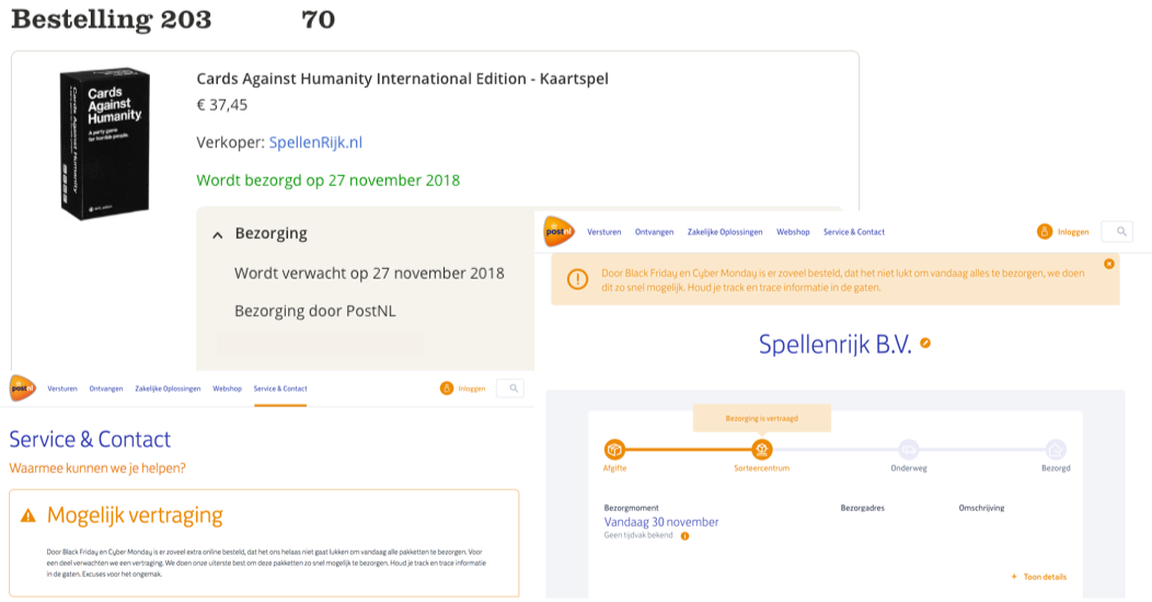benjaminroos's tweet photo. @bol_com en @PostNL ieder jaar weer hetzelfde lied. Weer geen pakjes voor piet. Het managen van verwachtingen is niet jullie sterkste kant. Rollen de pakjes na #BlackFriday 2017 ook in 2018 niet op het beloofde tijdstip van de sorteerband. #extrawerk https://t.co/stLYA4JSYf