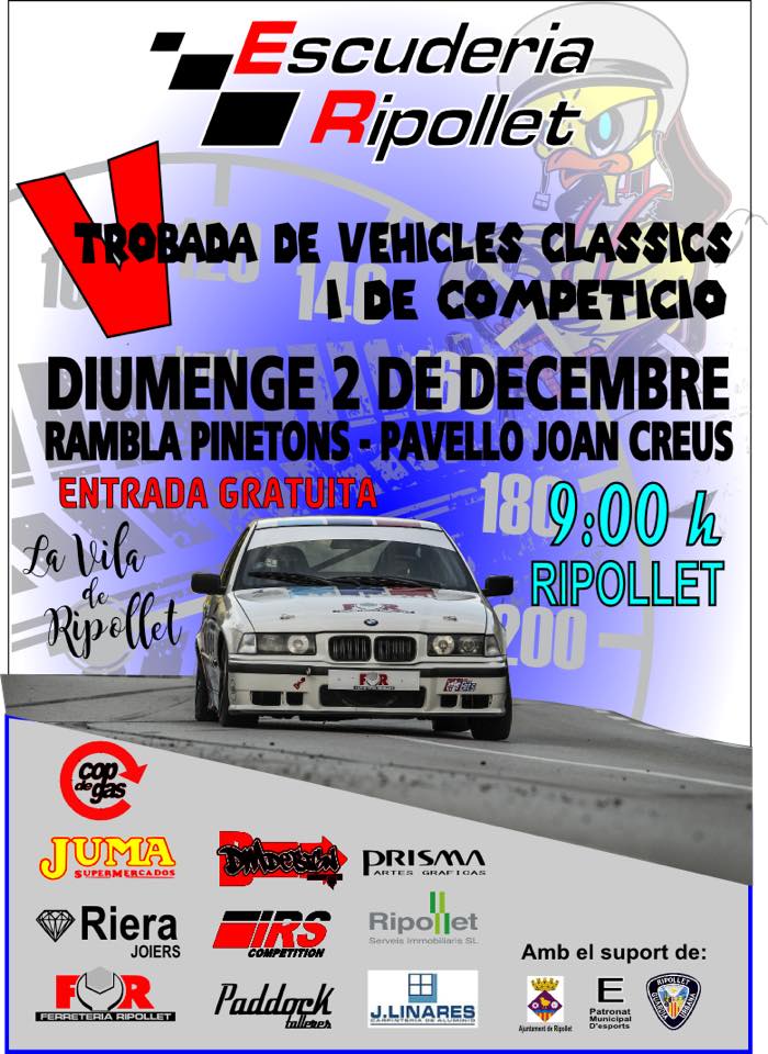 InfoRipollet's tweet image. Aquest diumenge, 2 de desembre, arriba la V Trobada de vehicles clàssics i de competició, de la mà de @RipolletComp . A partir les les 9 h, els visitants hi podran trobar stands, activitats i servei de bar. Entrada gratuïta.