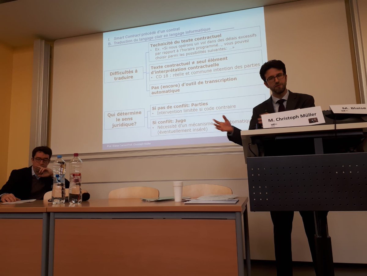 blaise_carron's tweet photo. Échanges complices et enrichissants à 2 voix sur les enjeux des smart contracts en droit suisse des obligations, avec mon collègue @MllerChristoph3 ce matin lors de la conférence organisée par @DroitNeuchatel! @blockchainNE #smartcontract #blockchaintechnology https://t.co/Zf1CslpjFD