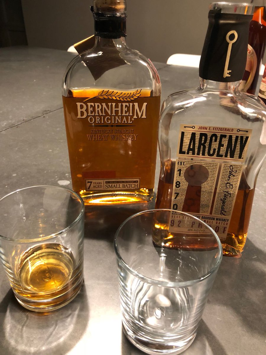 N10Bourbons's tweet photo. Larceny V Bernheim
Put some wheat in it!
Was to be versus but they taste so different & I guess they are supposed to. Larceny £33 - budget ‘wheater’ / Bernheim £55 Jim Murray Award winner
#bourbon #wheaters #JimMurray https://t.co/yn17lZbFch