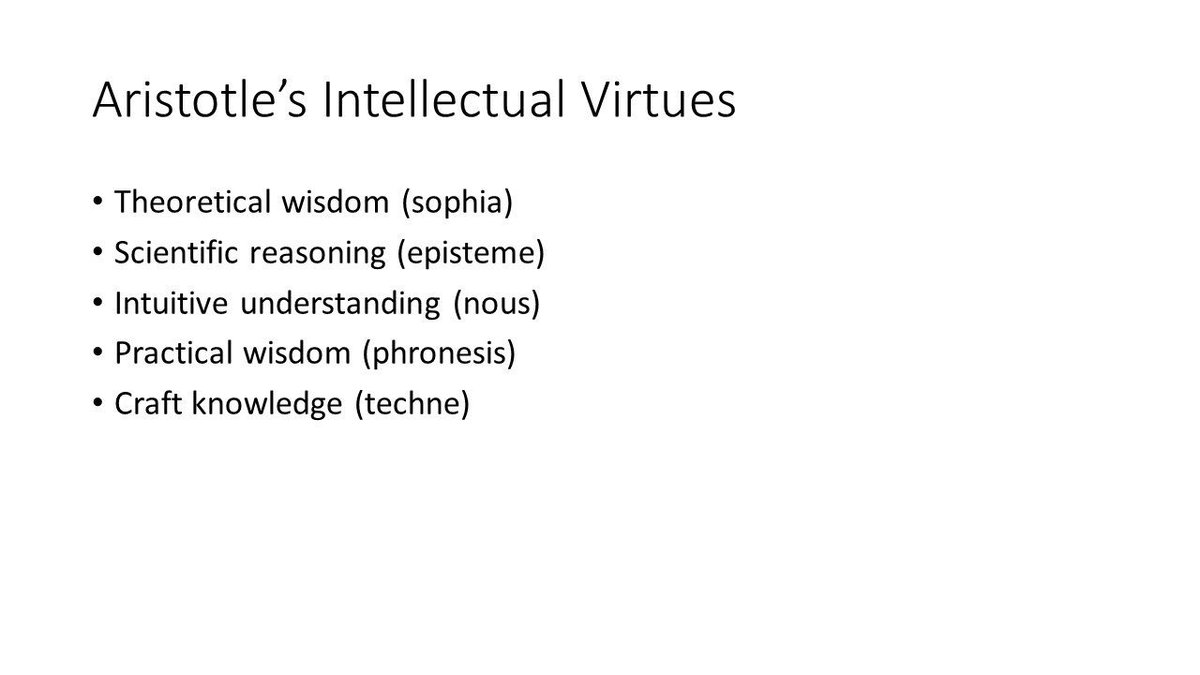 AinemCarroll's tweet photo. Aristotle’s intellectual virtues. Combining these is #engagedscholarship if you ask me. Want to hear more? Come to my #leadership workshop at #NFIC18 @IFICInfo #IFICIreland https://t.co/gUgYuEQed7