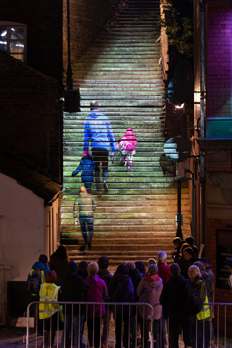 MattRosier's tweet photo. Parallax at play in #108Steps - the projected people would distort as you moved away from the ideal sight line at the base of the steps, skewing outwards as you moved further away, and sloping as you moved to the side. Photo by @rtymon https://t.co/yhuzzD0giQ