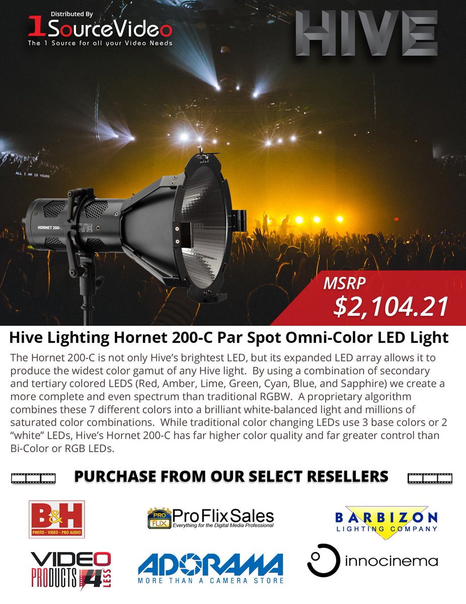 1sourcevideo's tweet photo. The Hornet 200-C is not only @HiveLighting's brightest LED, but its expanded LED array allows it to produce the widest color gamut of any Hive light. #LitByHIVE #1SourceVideo #DefiningDistribution #BandH #VP4L #Adorama #ProFlixSales #Barbizon #Innocinema https://t.co/3RSsvTZBvE